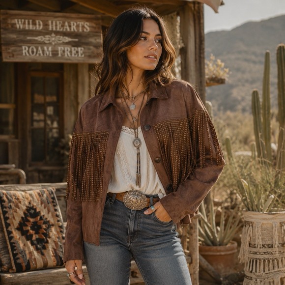 melrose with love Jackets & Blazers - Melrose With Love Brown Faux Suede Gold Studded Fringe Jacket Western Festival S
